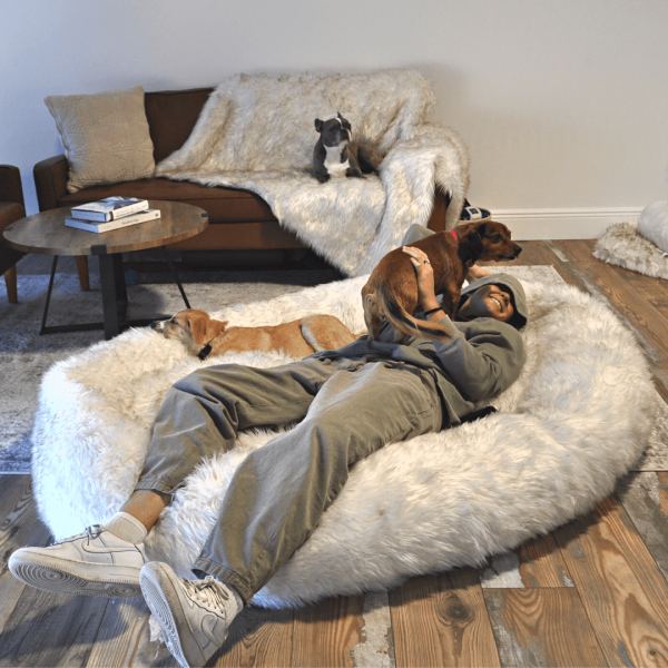 PupCloud? Human-Size Faux Fur Memory Foam Dog Bed - White with Brown Accents - Image 11