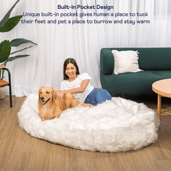 PupCloud? Human-Size Faux Fur Memory Foam Dog Bed - White with Brown Accents - Image 4