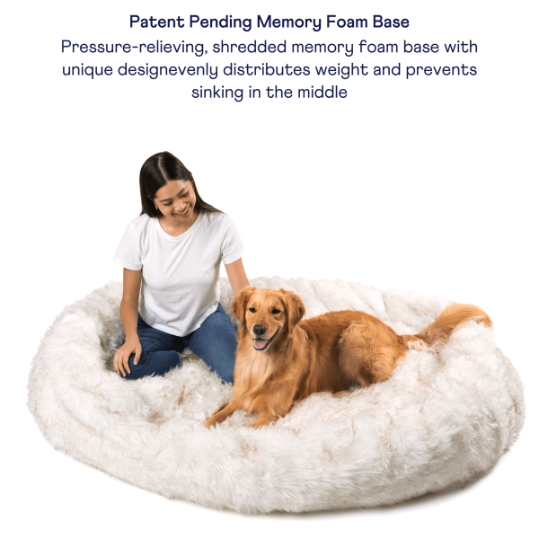 PupCloud? Human-Size Faux Fur Memory Foam Dog Bed - White with Brown Accents - Image 3