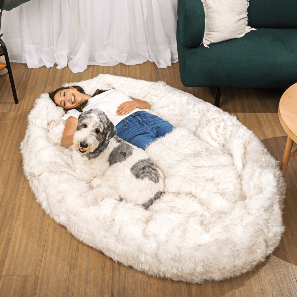 PupCloud? Human-Size Faux Fur Memory Foam Dog Bed - White with Brown Accents - Image 6