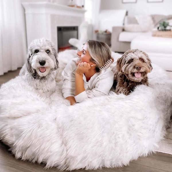 PupCloud? Human-Size Faux Fur Memory Foam Dog Bed - White with Brown Accents - Image 12